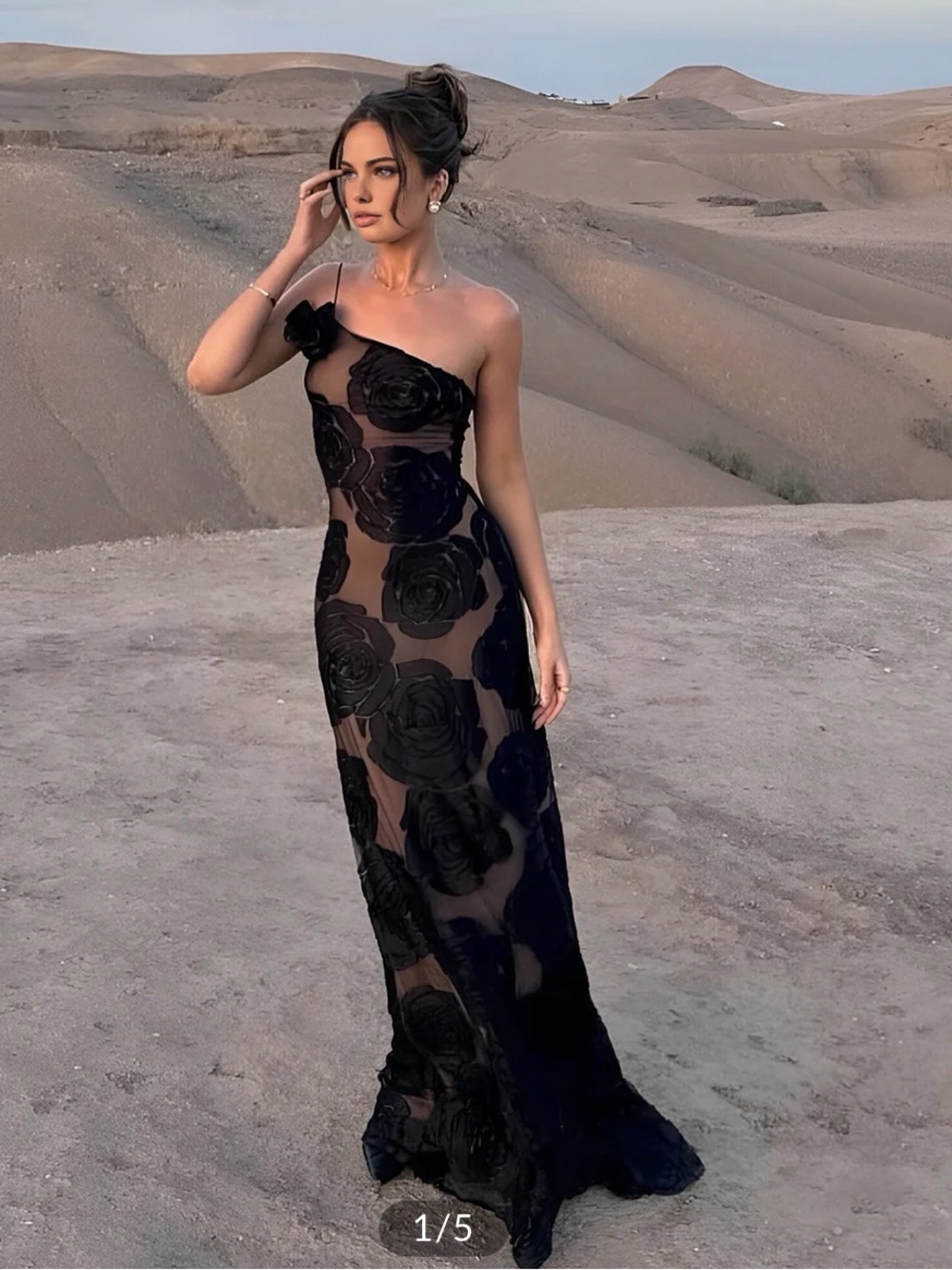 Sheer One-Shoulder Black Floral Appliqué Evening Dress- commense